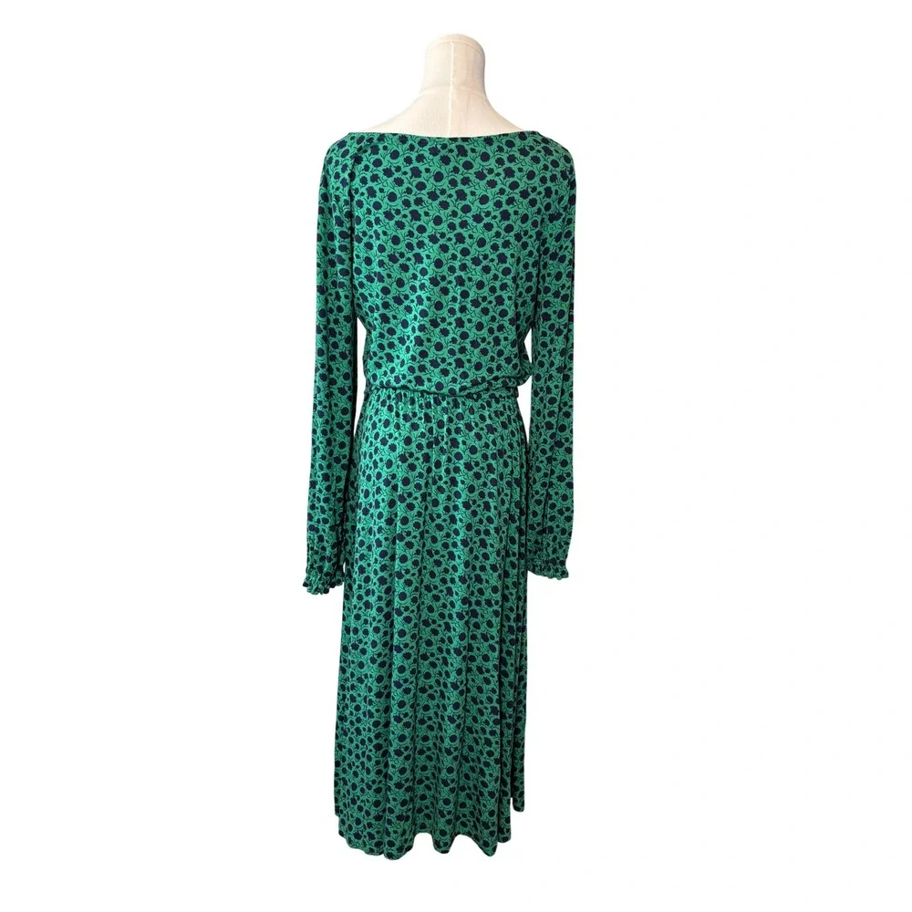 Boden Womens Green Navy Blue Floral Jersey Midi Dress Long Sleeve Size 8R Modest